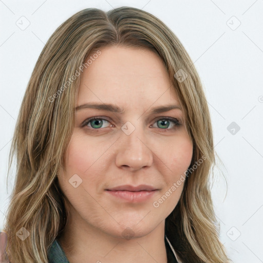 Joyful white young-adult female with long  brown hair and green eyes