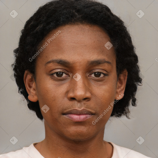 Neutral black young-adult female with short  black hair and brown eyes