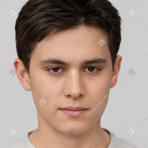 Neutral white young-adult male with short  brown hair and brown eyes