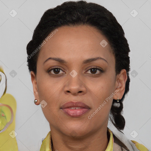 Joyful latino young-adult female with short  black hair and brown eyes