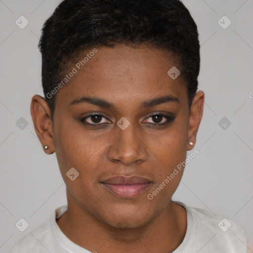 Joyful black young-adult female with short  brown hair and brown eyes