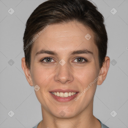 Joyful white young-adult female with short  brown hair and brown eyes