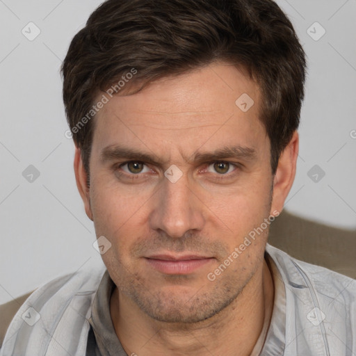 Neutral white adult male with short  brown hair and brown eyes