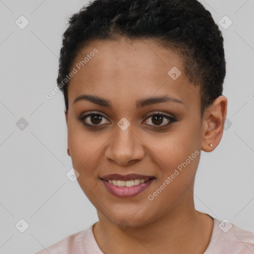 Joyful latino young-adult female with short  brown hair and brown eyes