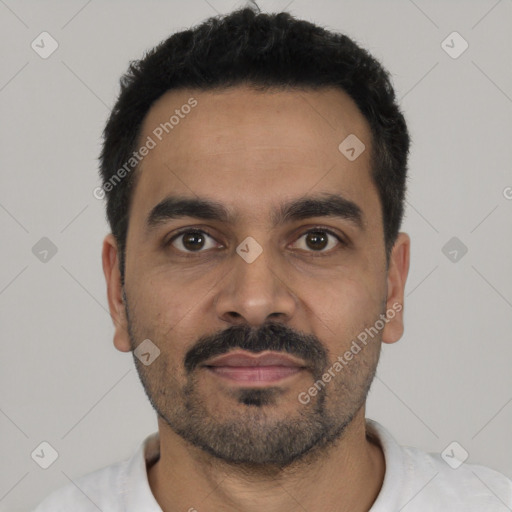 Neutral latino young-adult male with short  black hair and brown eyes
