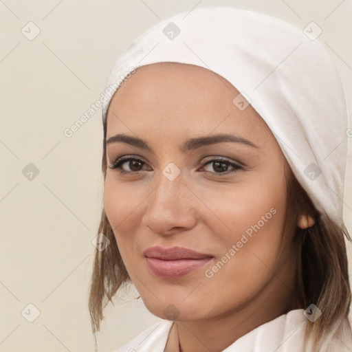 Joyful white young-adult female with medium  brown hair and brown eyes