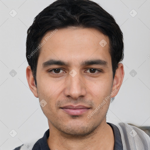 Joyful white young-adult male with short  black hair and brown eyes