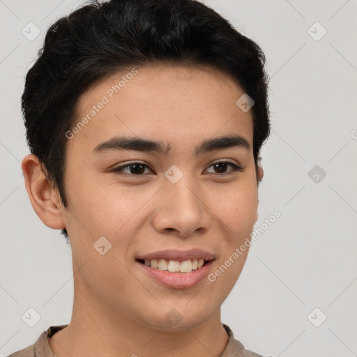 Joyful latino young-adult male with short  brown hair and brown eyes