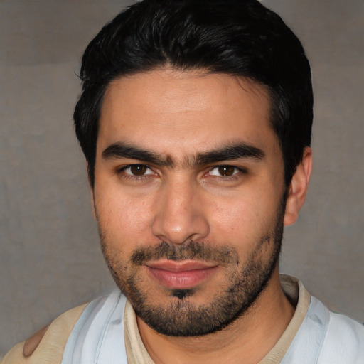 Neutral white young-adult male with short  black hair and brown eyes