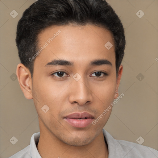 Neutral latino young-adult male with short  brown hair and brown eyes