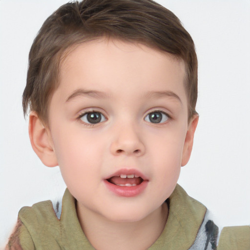 Joyful white child female with short  brown hair and brown eyes