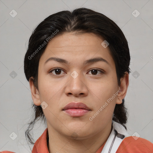 Neutral asian young-adult female with medium  brown hair and brown eyes