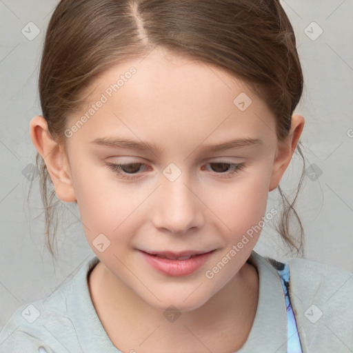 Joyful white child female with medium  brown hair and brown eyes