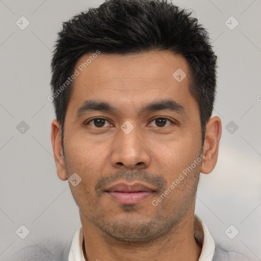 Neutral asian young-adult male with short  black hair and brown eyes