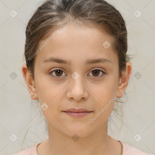 Joyful white child female with medium  brown hair and brown eyes