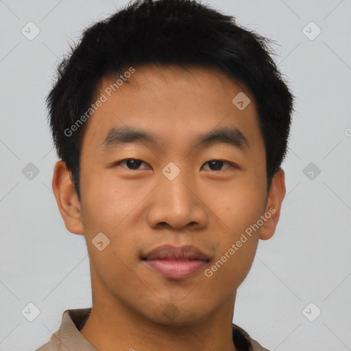 Neutral asian young-adult male with short  black hair and brown eyes