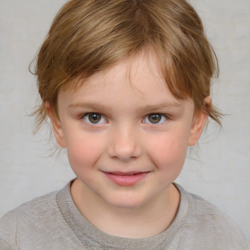 Joyful white child female with medium  brown hair and grey eyes