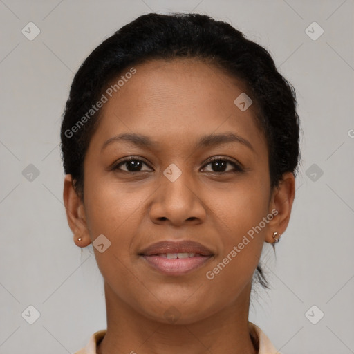 Joyful latino young-adult female with short  brown hair and brown eyes