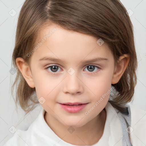 Joyful white child female with medium  brown hair and brown eyes