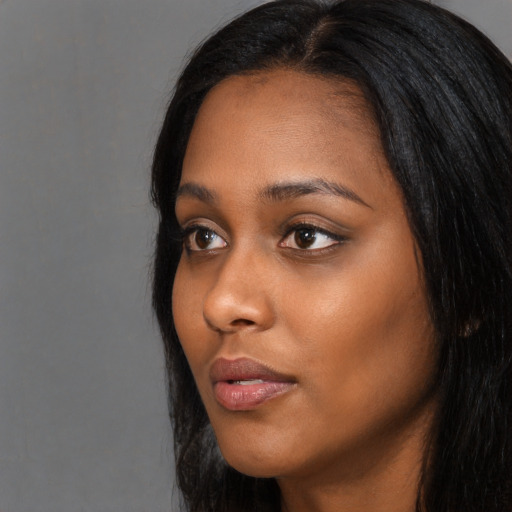 Neutral asian young-adult female with long  black hair and brown eyes