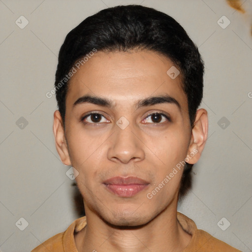 Neutral latino young-adult male with short  black hair and brown eyes