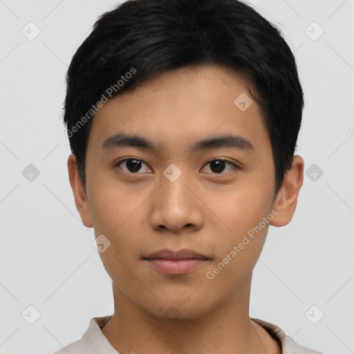 Neutral asian young-adult male with short  black hair and brown eyes