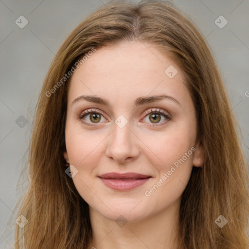 Joyful white young-adult female with long  brown hair and green eyes