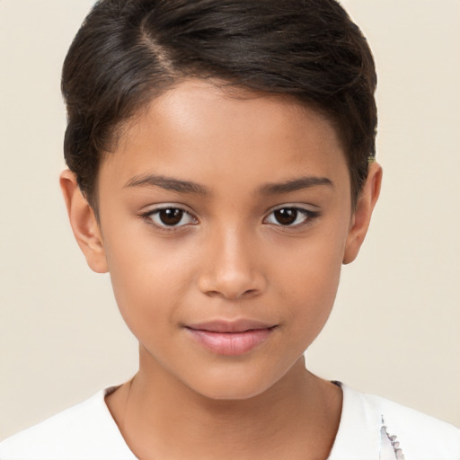 Joyful white child female with short  brown hair and brown eyes