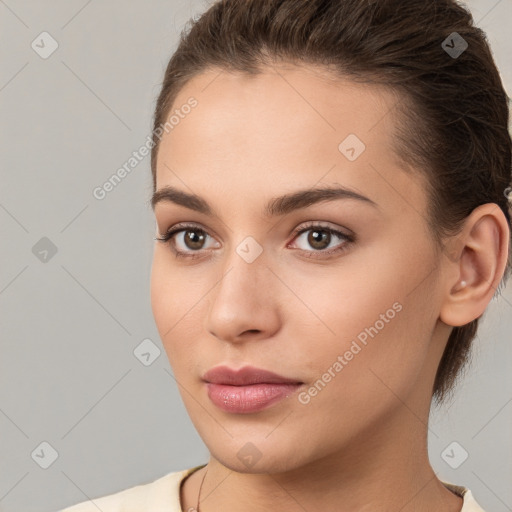 Neutral white young-adult female with short  brown hair and brown eyes