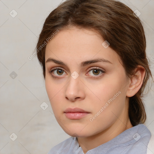 Neutral white young-adult female with medium  brown hair and brown eyes