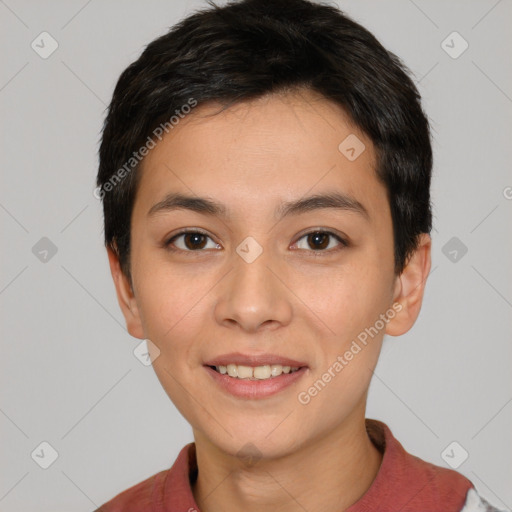 Joyful white young-adult female with short  black hair and brown eyes