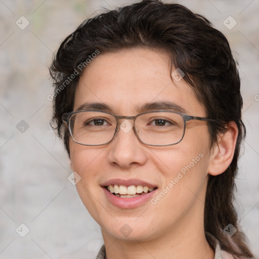 Joyful white adult female with medium  brown hair and brown eyes