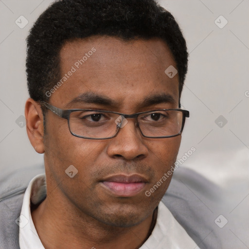 Neutral black adult male with short  brown hair and brown eyes