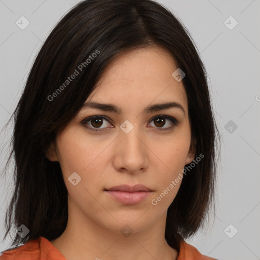 Neutral white young-adult female with medium  brown hair and brown eyes