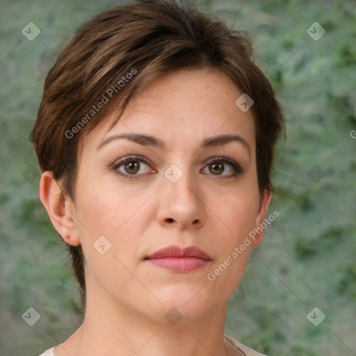 Neutral white young-adult female with medium  brown hair and brown eyes