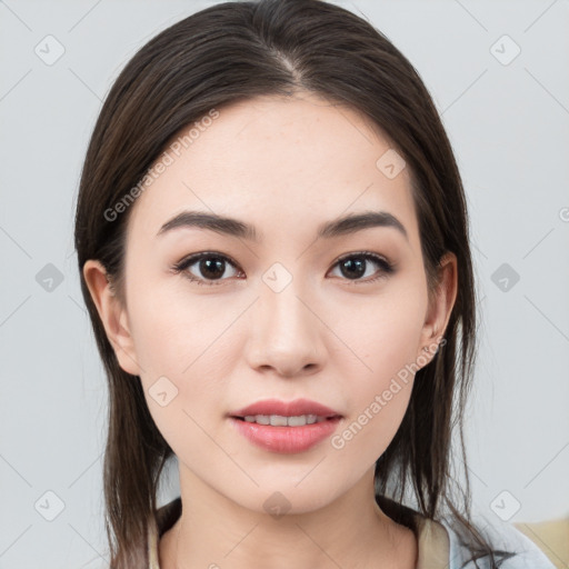 Neutral white young-adult female with medium  brown hair and brown eyes