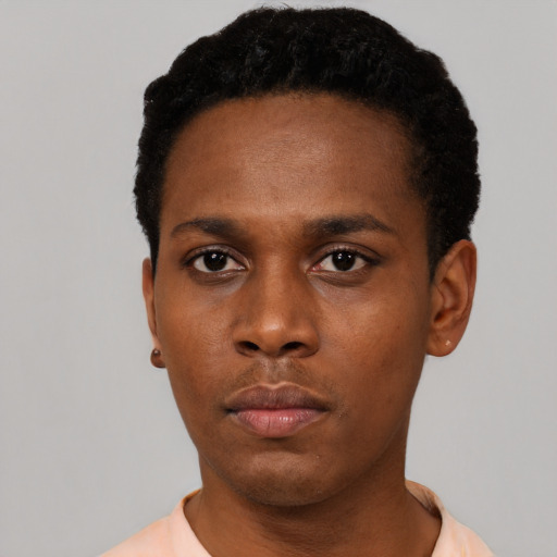Neutral black young-adult male with short  black hair and brown eyes