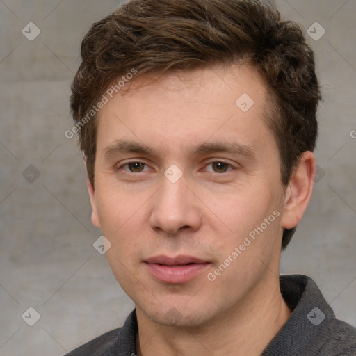 Neutral white young-adult male with short  brown hair and grey eyes