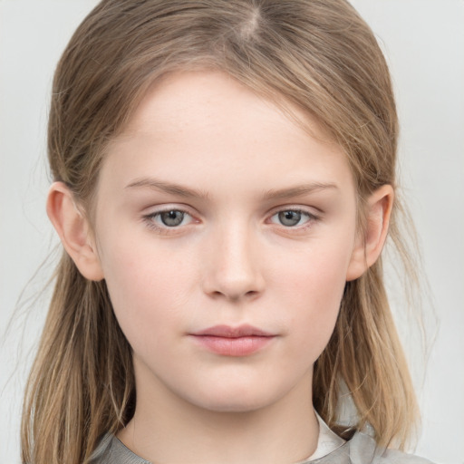 Neutral white child female with medium  brown hair and grey eyes