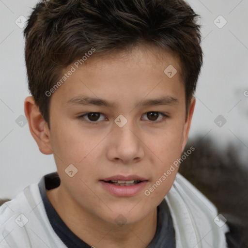 Joyful white child male with short  brown hair and brown eyes