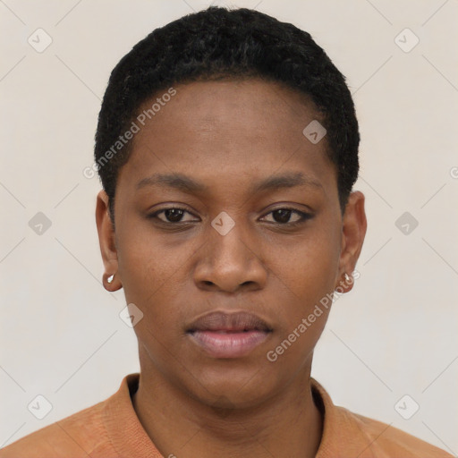 Neutral black young-adult female with short  black hair and brown eyes