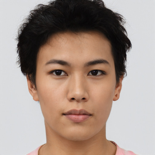 Neutral asian young-adult female with short  brown hair and brown eyes