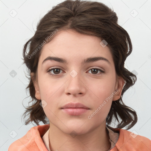 Neutral white young-adult female with medium  brown hair and brown eyes