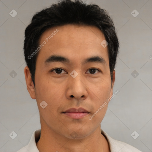 Neutral asian young-adult male with short  brown hair and brown eyes