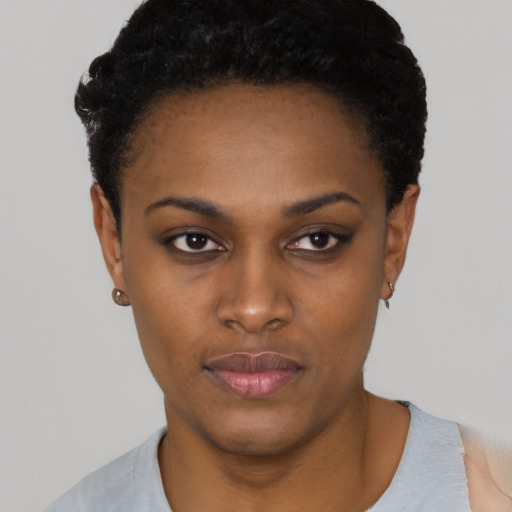 Neutral black young-adult female with short  black hair and brown eyes