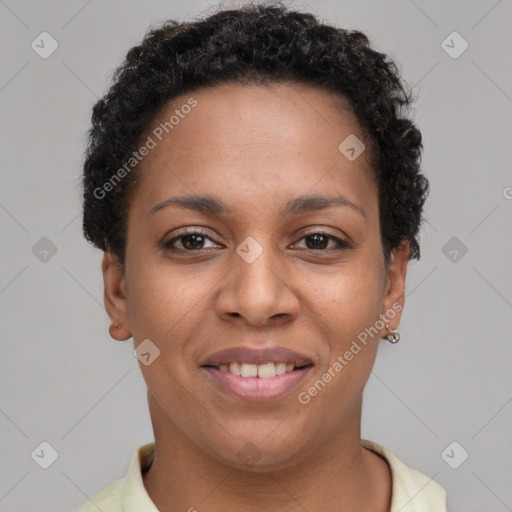 Joyful black young-adult female with short  brown hair and brown eyes