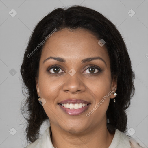 Joyful black young-adult female with medium  brown hair and brown eyes