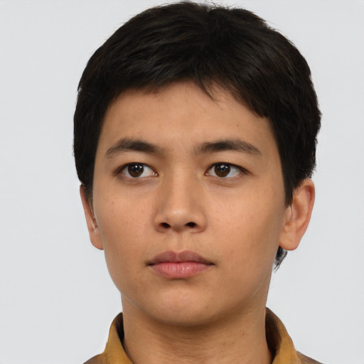 Neutral asian young-adult male with short  brown hair and brown eyes