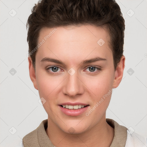 Joyful white young-adult female with short  brown hair and grey eyes