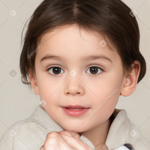 Joyful white child female with medium  brown hair and brown eyes